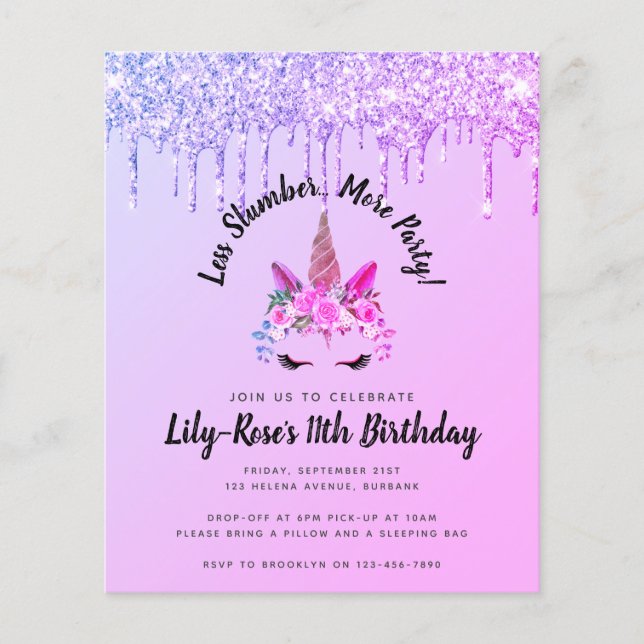 Budget Glitter Unicorn Slumber Party Invitation (Front)