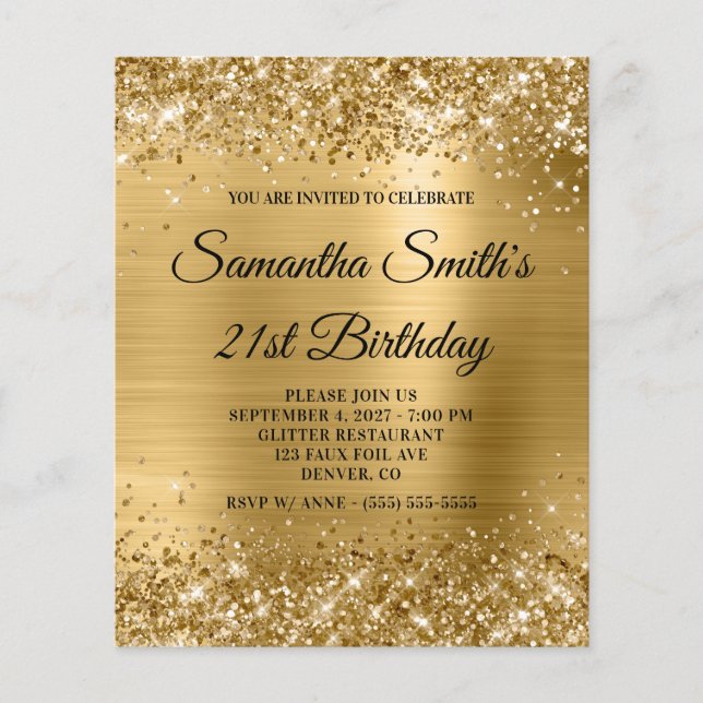 Budget Glittery Gold Glam 21st Birthday Invite (Front)