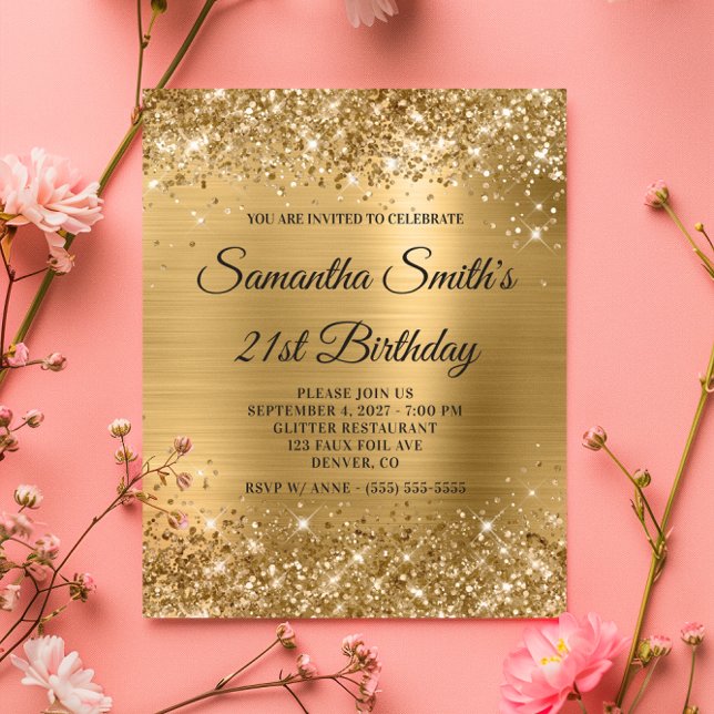 Budget Glittery Gold Monogram 21st Birthday Invite (Budget Glittery Gold Monogram 21st Birthday Invite)