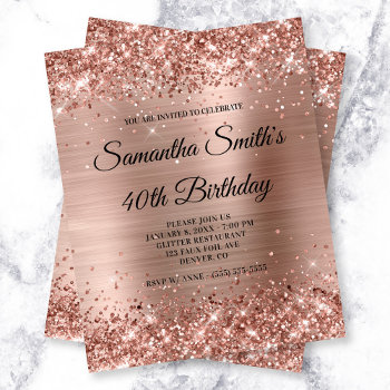 Budget Glittery Rose Gold Foil Birthday Invite by annaleeblysse at Zazzle