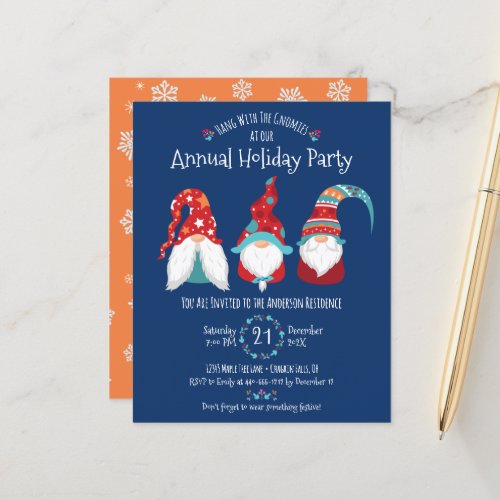 Budget Gnomes Christmas Holiday Party Blue Invite