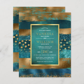 BUDGET Gold and teal strokes wedding invitation