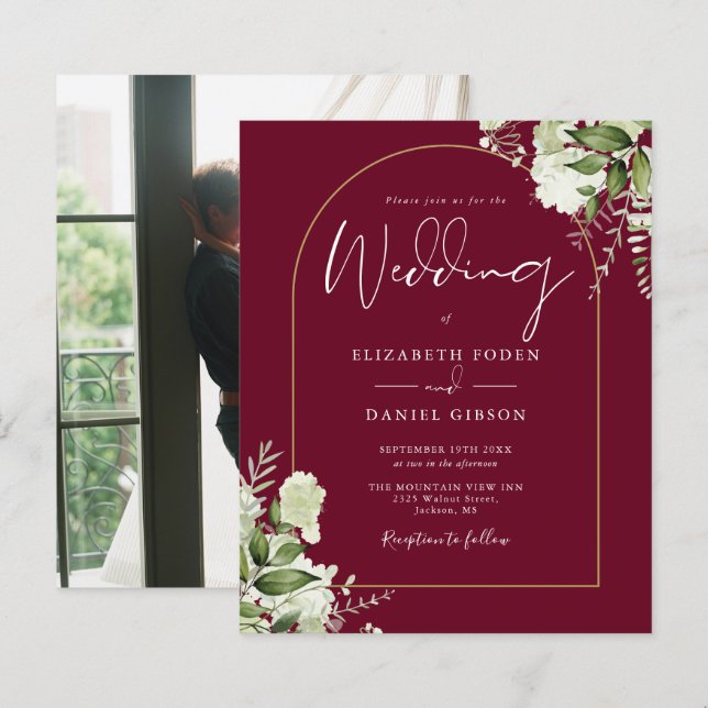 Budget Gold Arch Burgundy Photo Wedding Invite (Front/Back)