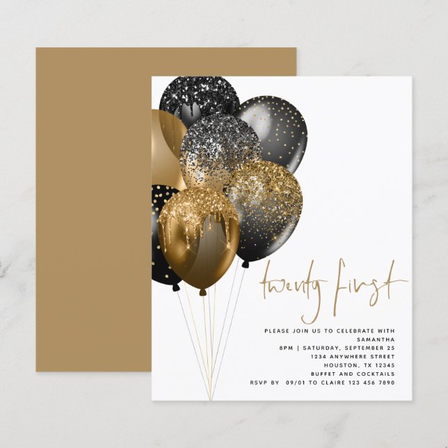 Budget Gold Black Balloons 21st Party Invitation  (Front/Back)