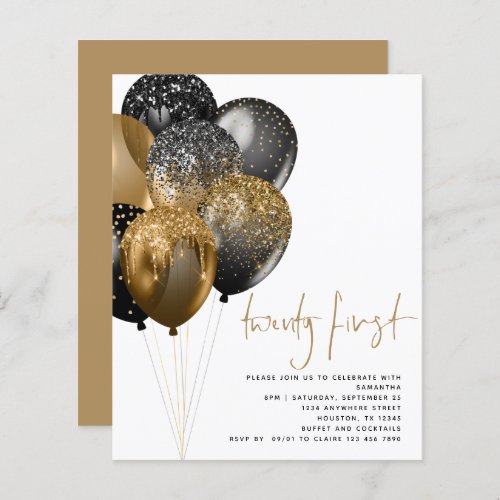 Budget Gold Black Balloons 21st Party Invitation 