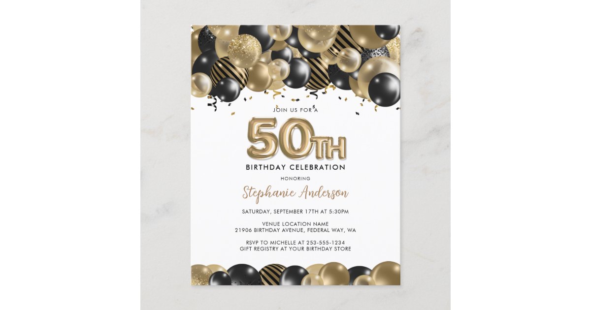 Budget Gold Black Glitter 50th Birthday Invitation | Zazzle