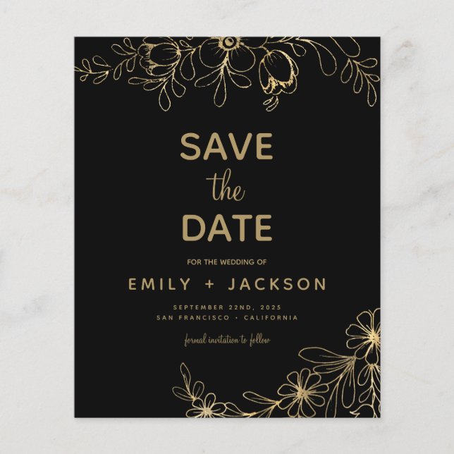Budget Gold Black Modern Save the Date Floral Ann Flyer (Front)