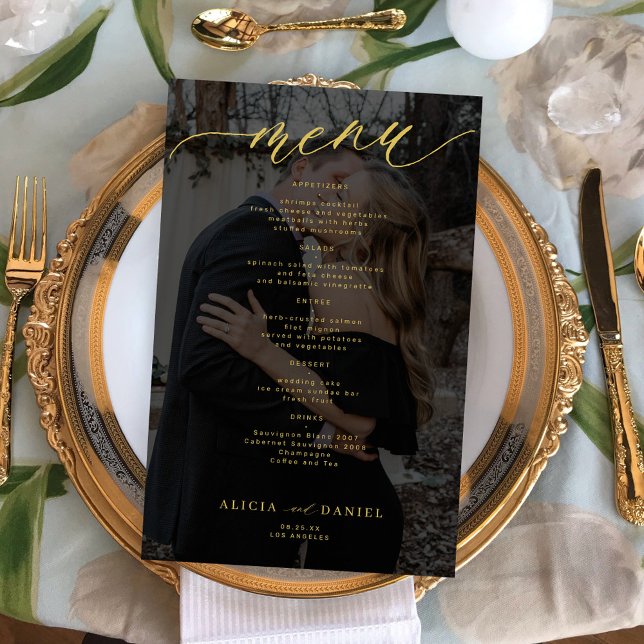 Budget gold black overlay photo wedding menu (Creator Uploaded)