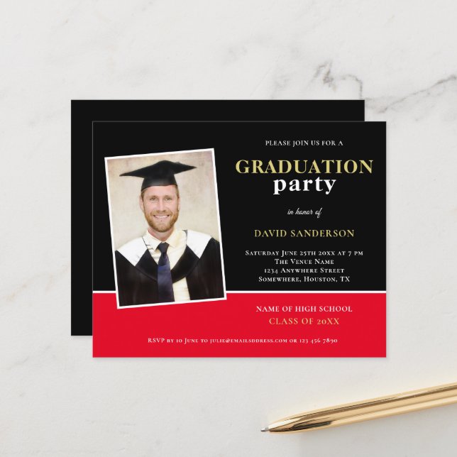 Budget Gold Black Red Photo Grad Party Invitation (Front/Back In Situ)
