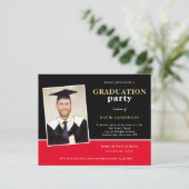 Budget Gold Black Red Photo Grad Party Invitation (Standing Front)