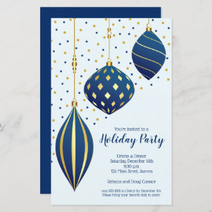 Budget Gold Blue Ornaments Christmas Invitations