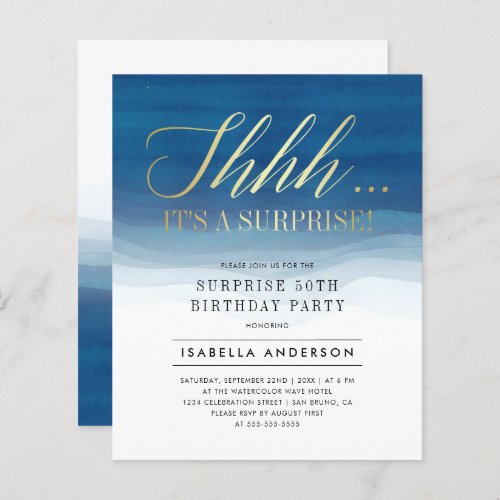 Budget Gold  Blue Watercolor Surprise Birthday