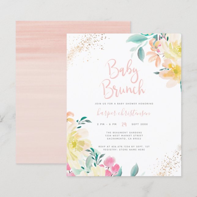 Budget Gold Blush Pink Floral Baby Shower Brunch (Front/Back)