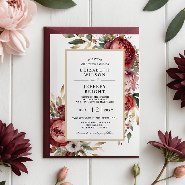 Budget Gold Burgundy Blush Floral Wedding (Budget Elegant Gold Burgundy Blush Floral Wedding Invitation)
