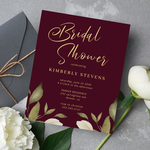 Budget gold burgundy bridal shower invitation