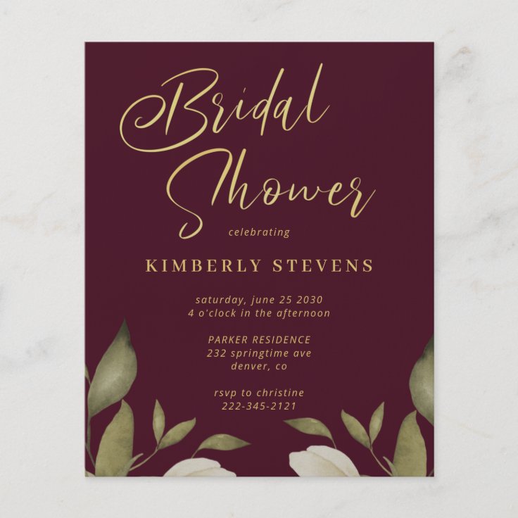 Budget gold burgundy bridal shower invitation flyer Zazzle