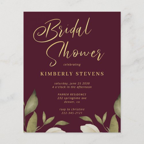 Budget gold burgundy bridal shower invitation flyer