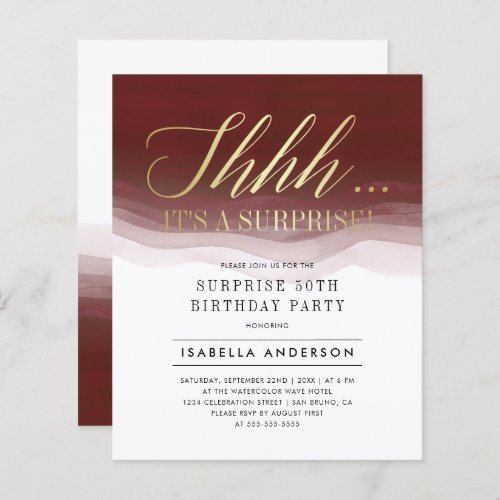 Budget Gold Burgundy Watercolor Surprise Birthday