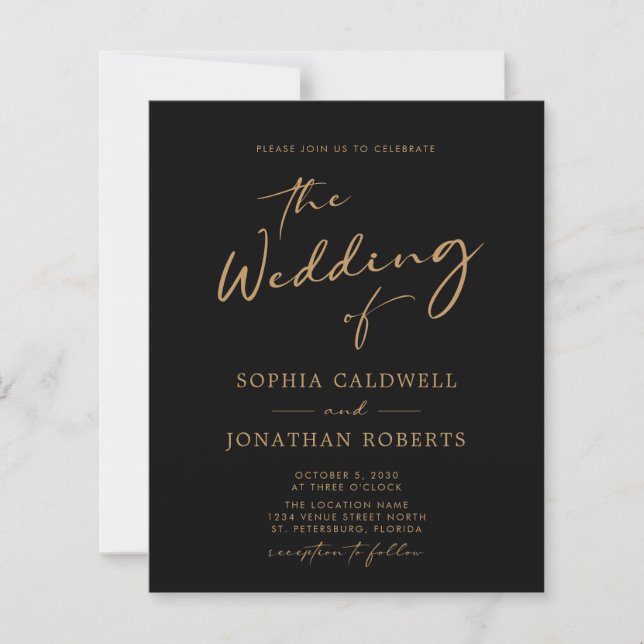 Budget Gold Calligraphy on Black Wedding Invite (Front)