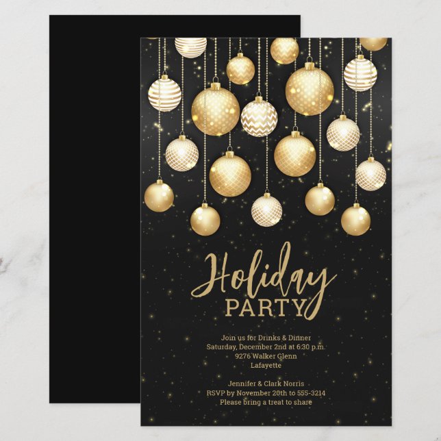 Budget Gold Christmas Tree Ornaments Black Invites (Front/Back)
