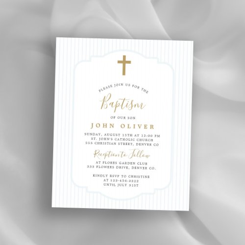 Budget gold cross blue boy baptism invitation