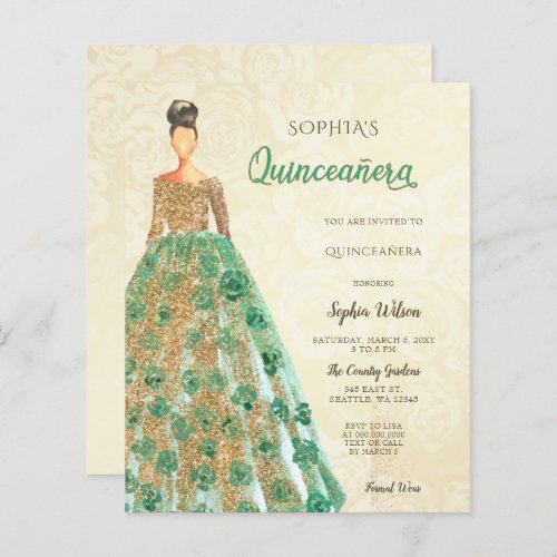 Budget Gold Emerald Green Dress Quinceanera 