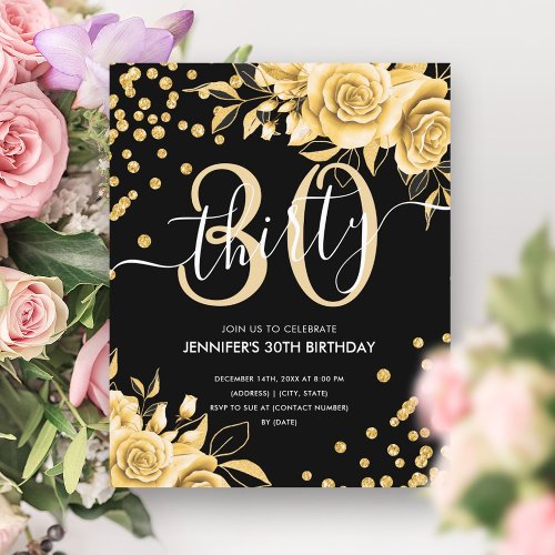 BUDGET Gold Floral Glitter 30th Birthday Black