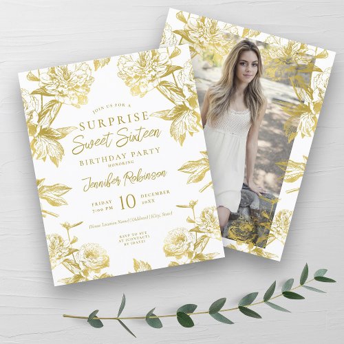 Budget Gold Floral Photo SURPRISE Sweet 16 Invite
