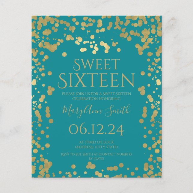 Budget Gold Foil Confetti Sweet 16 Invite Teal Flyer (Front)