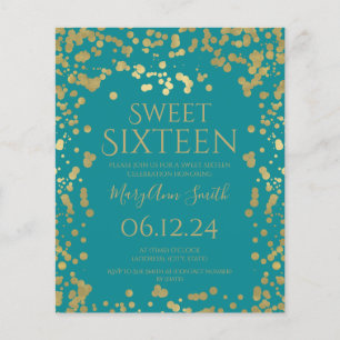 Budget Gold Foil Confetti Sweet 16 Invite Teal Flyer