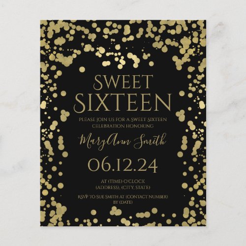 Budget Gold Foil Confetti Sweet 16th Invite Black Flyer