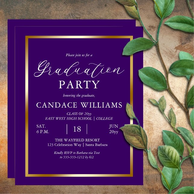 Budget Gold Frame Minimalist Party Invitation (BUDGET Gold Tone Frame Purple Minimalist Graduation Party Invitation)