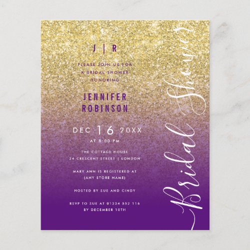 Budget Gold Glam Glitter Bridal Shower Purple  Flyer