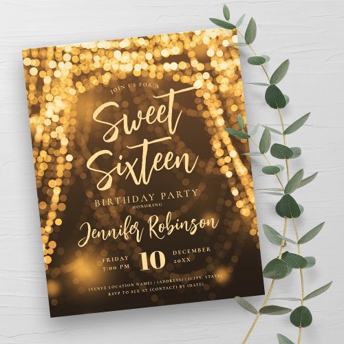 Budget Gold Glam String Lights Sweet 16 Invite Flyer