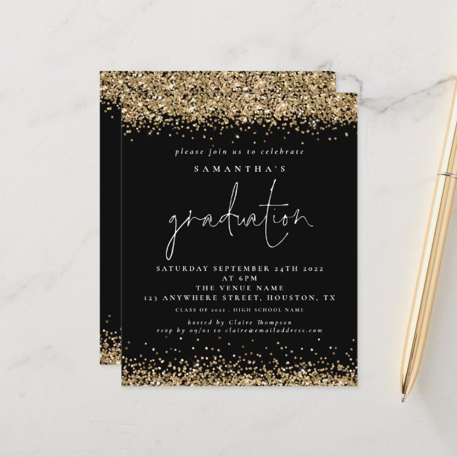 Budget Gold Glitter 2024 Graduation Black Invite (Front/Back In Situ)