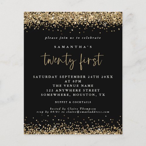 Budget Gold Glitter 21st Black Party Invitation