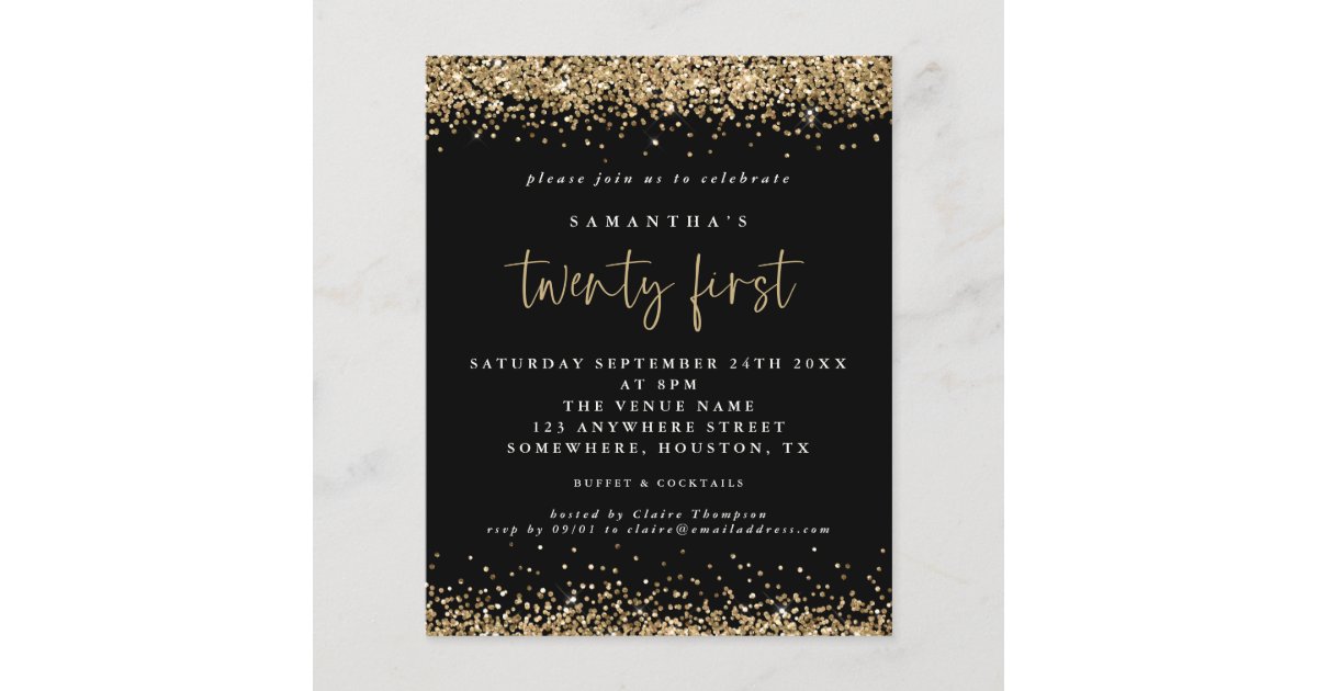 Budget Gold Glitter 21st Black Party Invitation | Zazzle