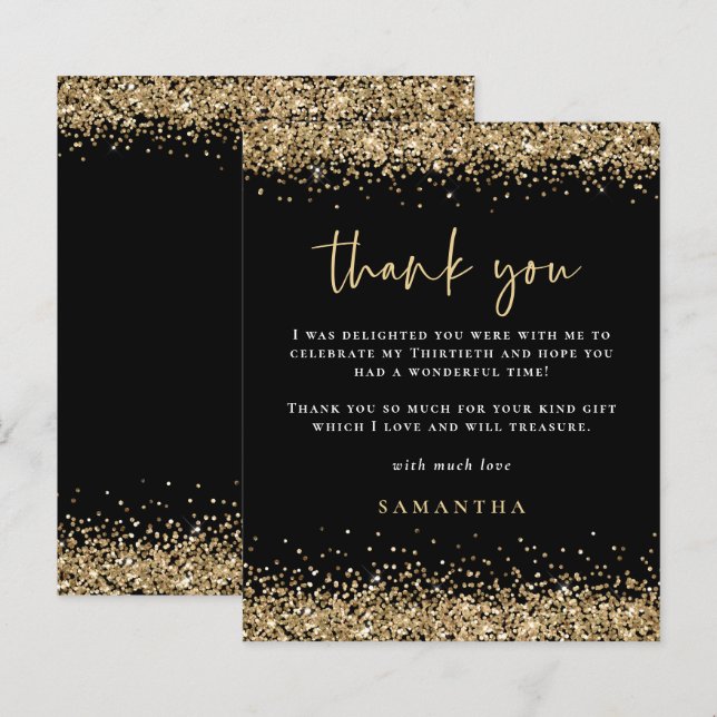 Budget Gold Glitter 30th Birthday Black Thank You (Front/Back)