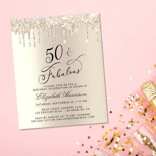 Budget Gold Glitter 50th Birthday Invitation