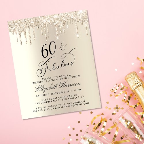 Budget Gold Glitter 60th Birthday Invitation