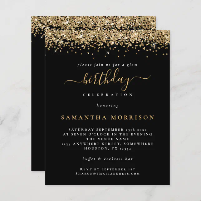 Budget Gold Glitter Any Age Birthday Black Invite | Zazzle