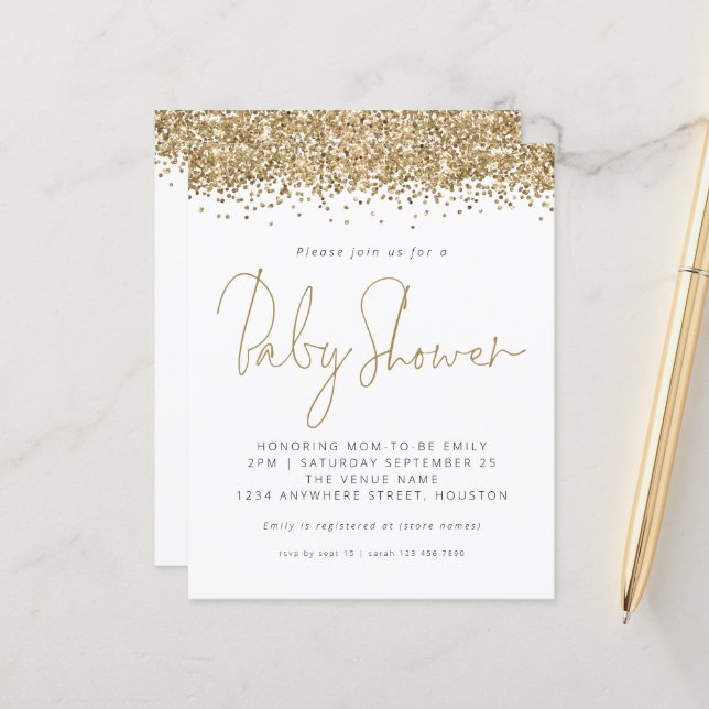 Budget Gold Glitter Baby Shower Invitation (Front/Back In Situ)