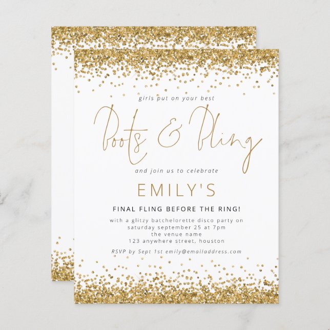 BUDGET Gold Glitter Bachelorette Disco Invite (Front/Back)