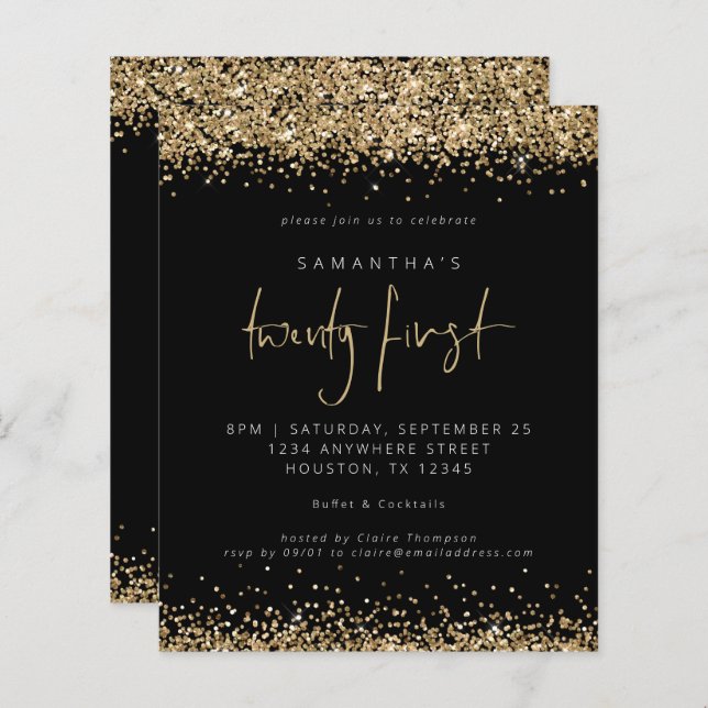 Budget Gold Glitter Black 21st Party Invitation (Front/Back)