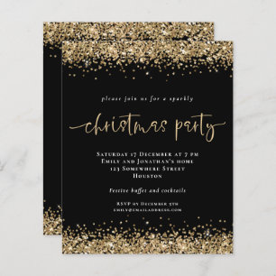 Budget Gold Glitter Black Christmas Party Invite