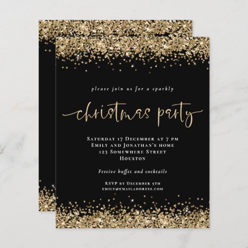 Budget Gold Glitter Black Christmas Party Invite