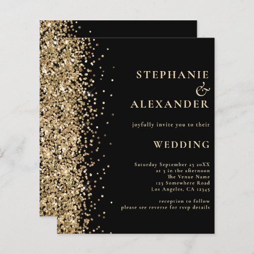 Budget Gold Glitter Black QR Code Wedding Invite