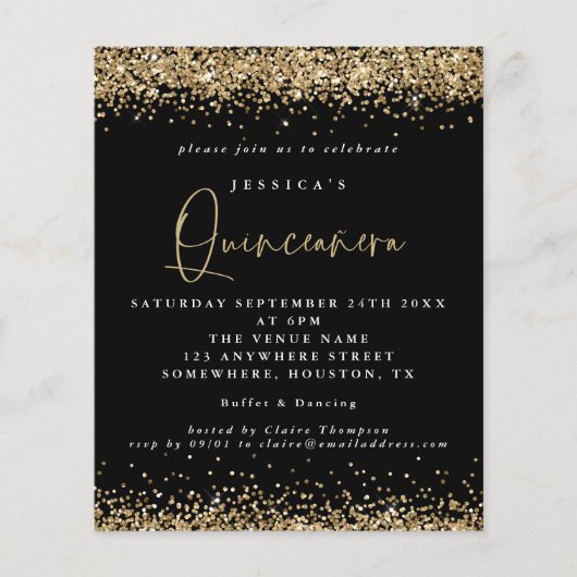 Budget Gold Glitter Black Quinceanera Invitation (Front)