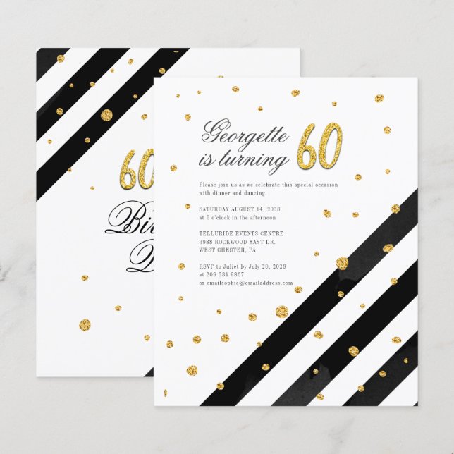 Budget Gold Glitter Black Stripes 60th Birthday (Front/Back)