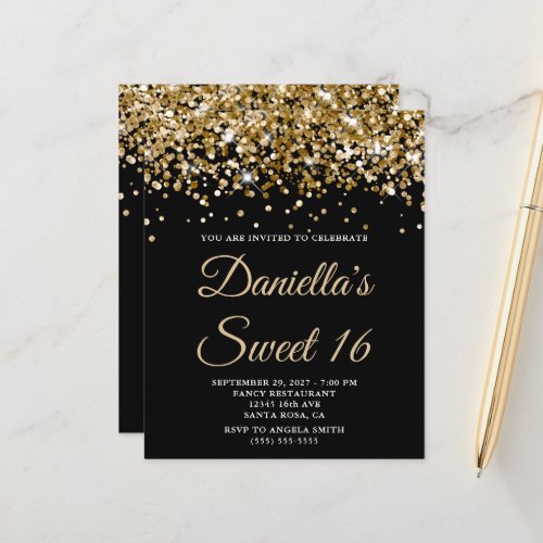 Budget Gold Glitter Black Sweet 16 Invitation